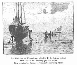 Bateau échoué dans la baie de Cancale, d'après Gustave Edouard LE SENECHAL DE KERDREORET, gravure, 1892 ; © Gallica, Bibliothèque nationale de France (BNF)