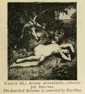 Ariane abandonnée, consolée par Bacchus, Charles GILLOT d'après Georges CALLOT, gravure, 1887 ; © Internet Archive (https://archive.org) ; © GILLOT Charles (graveur)