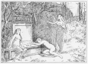 Les nymphes au tombeau d'Adonis, d'après Paul Maurice DUTHOIT, gravure, 1895 ; © Gallica, Bibliothèque nationale de France (BNF)