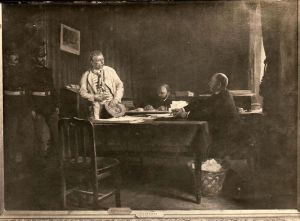 Chez le juge d'instruction, Edouard GELHAY, huile sur toile, vers 1890, 150 x 207 cm ; © inconnu