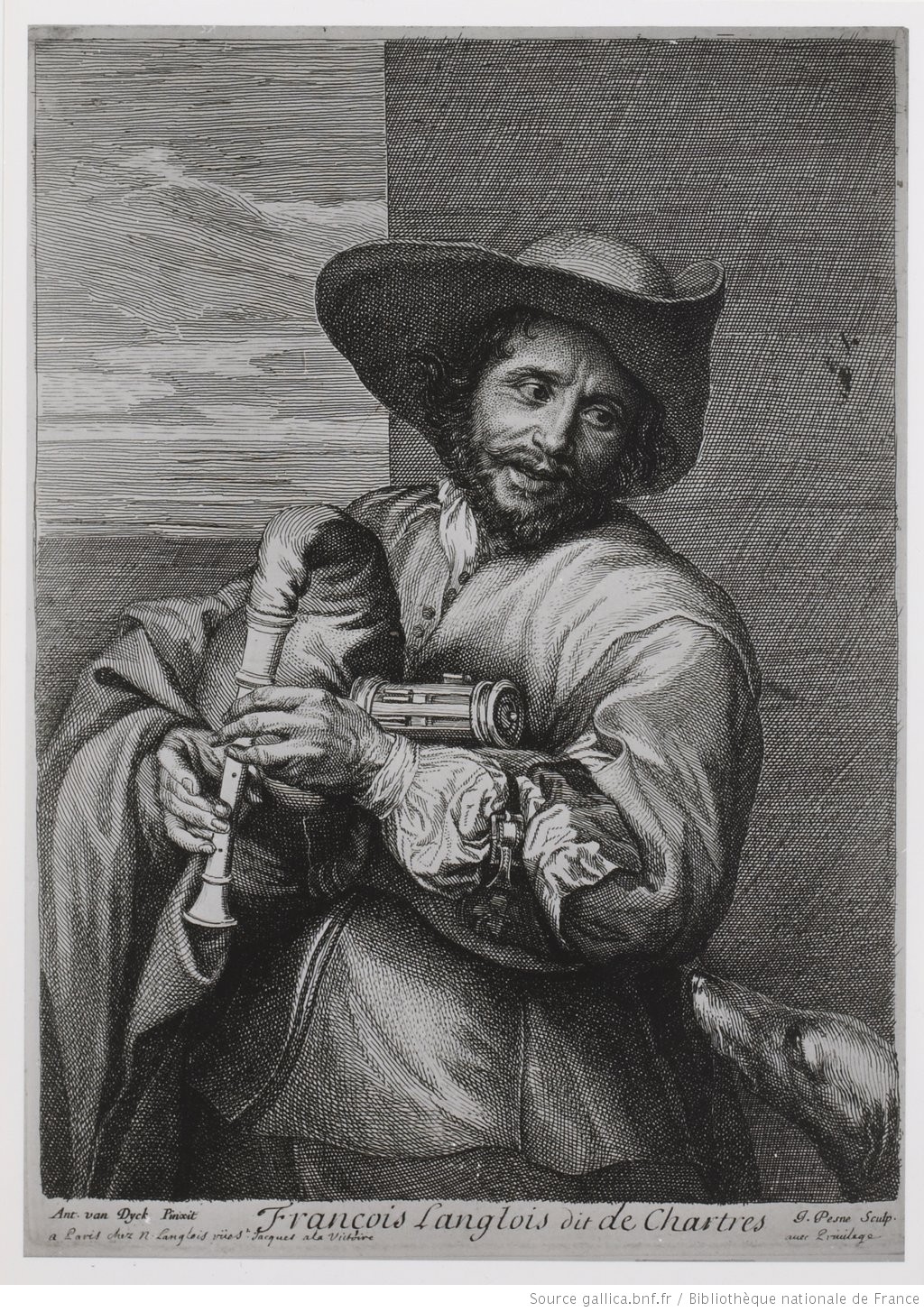 Le joueur de musette : François Langlois dit de Chartres, Jean PESNE d'après Anton VAN DYCK, gravure, s.d.