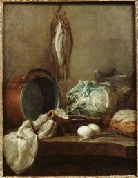 Jean Siméon Chardin, Nature morte avec chaudron, poêlon, fourneau, torchon, chou, deux œufs, poireau, pain et trois harengs, 	
entre 1731 et 1733, huile sur toile, 42x32.8 cm, Amiens, Musée de Picardie.