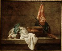 Jean Siméon Chardin, Nature morte avec pied de céleri, boîte à épices,
torchon, terrine, plat en terre vernissée, écumoire et morceaux de viande 
pendus à un croc, 1734, Huile sur toile, 32,8 x 40,2 cm, Amiens, musée de Picardie