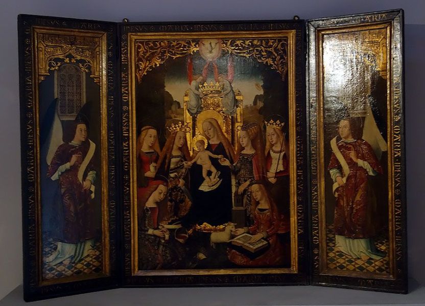 tableau, Triptyque d'Abbeville : "Virgo inter Virginies" entre deux anges
Triptyque : Vierge à l'Enfant (ancien titre)
La Madone et les saints (ancien titre)
