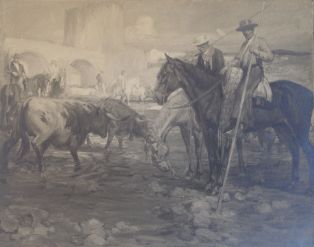 Vaqueros de Ganaderia à Cordoue, Jeanne THIL, 1920, H. 185 cm x L. 230 cm ; © inconnu