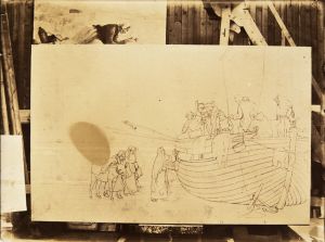 L'atelier du peintre Francis Tattegrain, cliché représentant une esquisse préparatoire du tableau "Les Quêteuses de l'Asile des Vieux Matelots à Berck" ; © inconnu