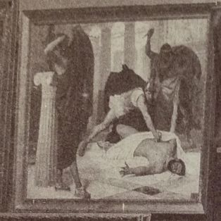 Intérieur du musée de l'Hôtel de Ville de Péronne, détail représentant "La mort de Timophane, tyran de Corinthe" de PONSON ; © SOUILLARD Edouard (photographe)