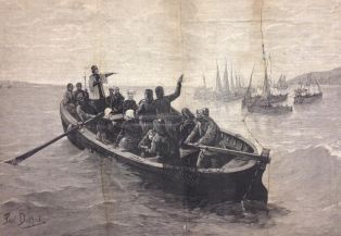 Pêcheurs d'Islande - Avant le départ - Bénédiction des barques, Auguste Eugène LERAY d'après Paul DUTHOIT, gravure, 1893, 300 x 529 cm ; © LERAY Auguste Eugène (graveur)